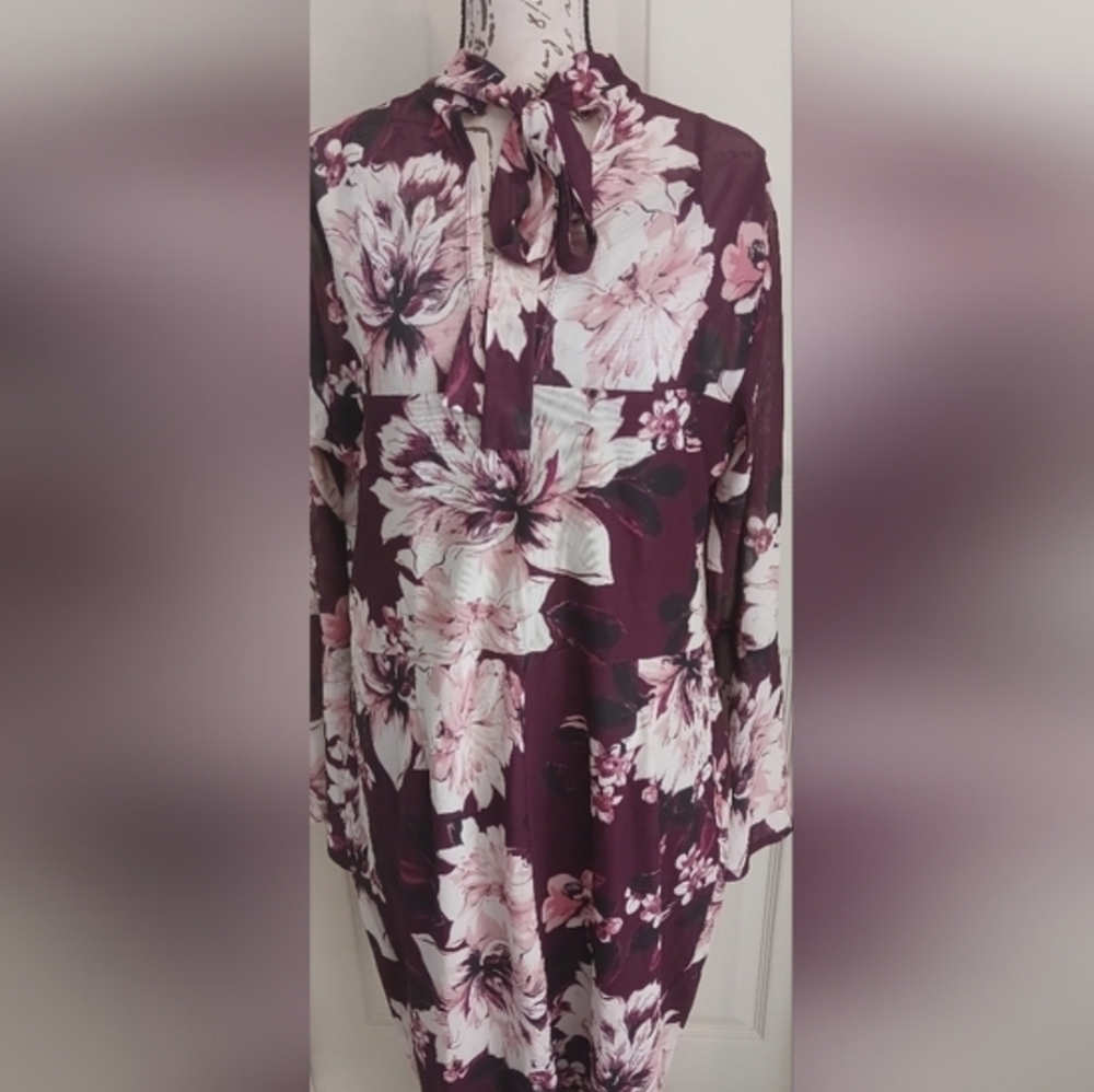 2x Plus Size Charlotte Russe Bell Sleeve Floral Dress Burgandy Pinks And Cream
